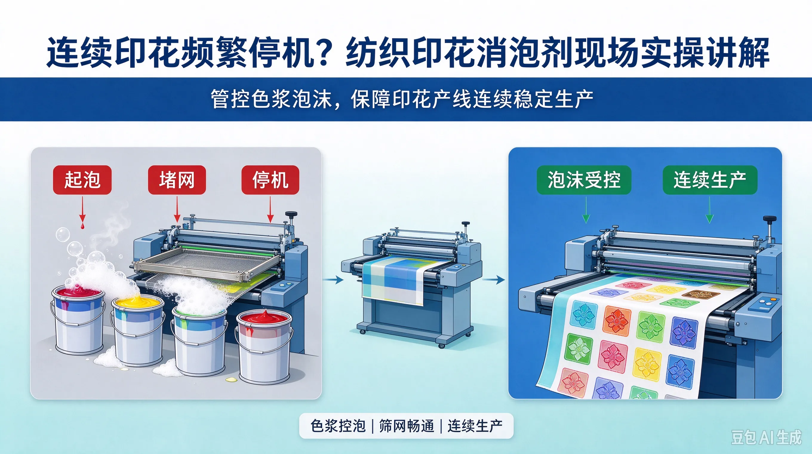 连续印花频繁停机?纺织印花消泡剂现场实操讲解