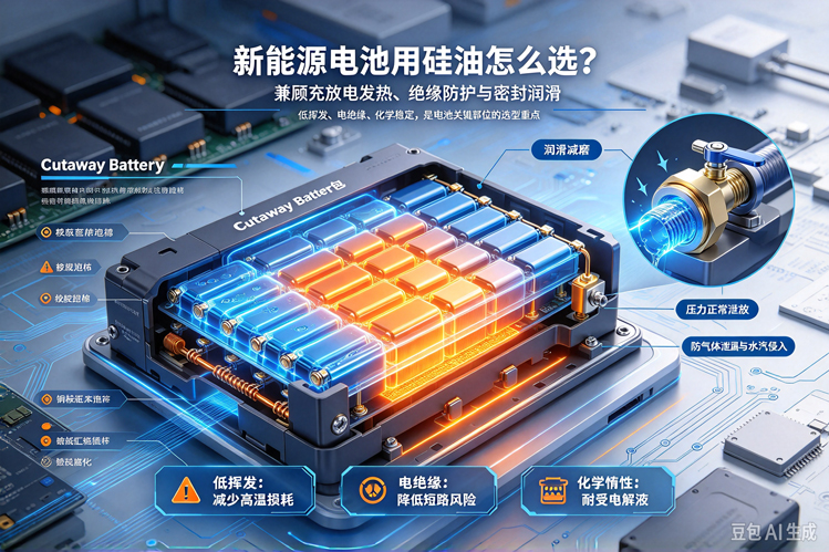 新能源电池用硅油_电池绝缘防护_耐高温硅油_低挥发性_动力电池润滑_电池防爆阀_电绝缘_电池密封件_防短路_中科鸿泰硅油